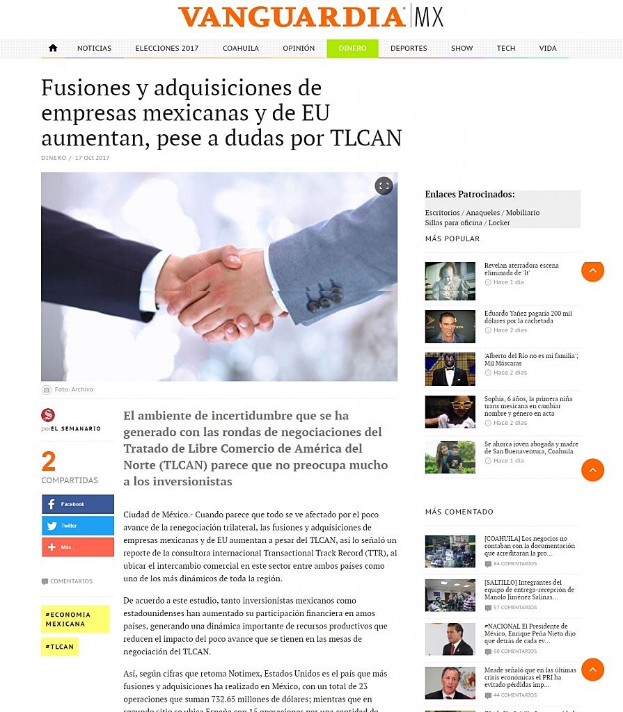 Fusiones y adquisiciones de empresas mexicanas y de EU aumentan, pese a dudas por TLCAN